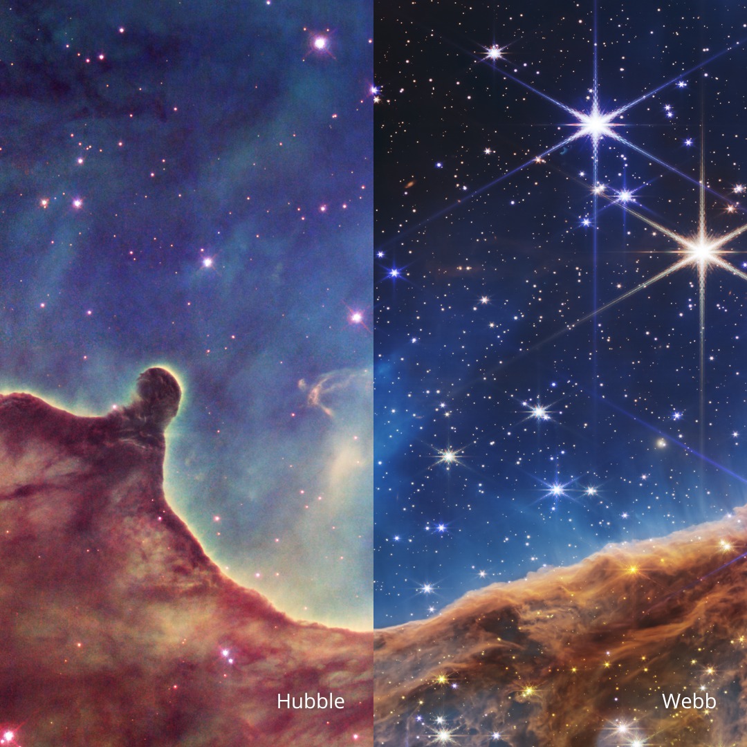 Karina Bulutsusu'nun Hubble ve James Webb görüntülerinin yan yana karşılaştırması